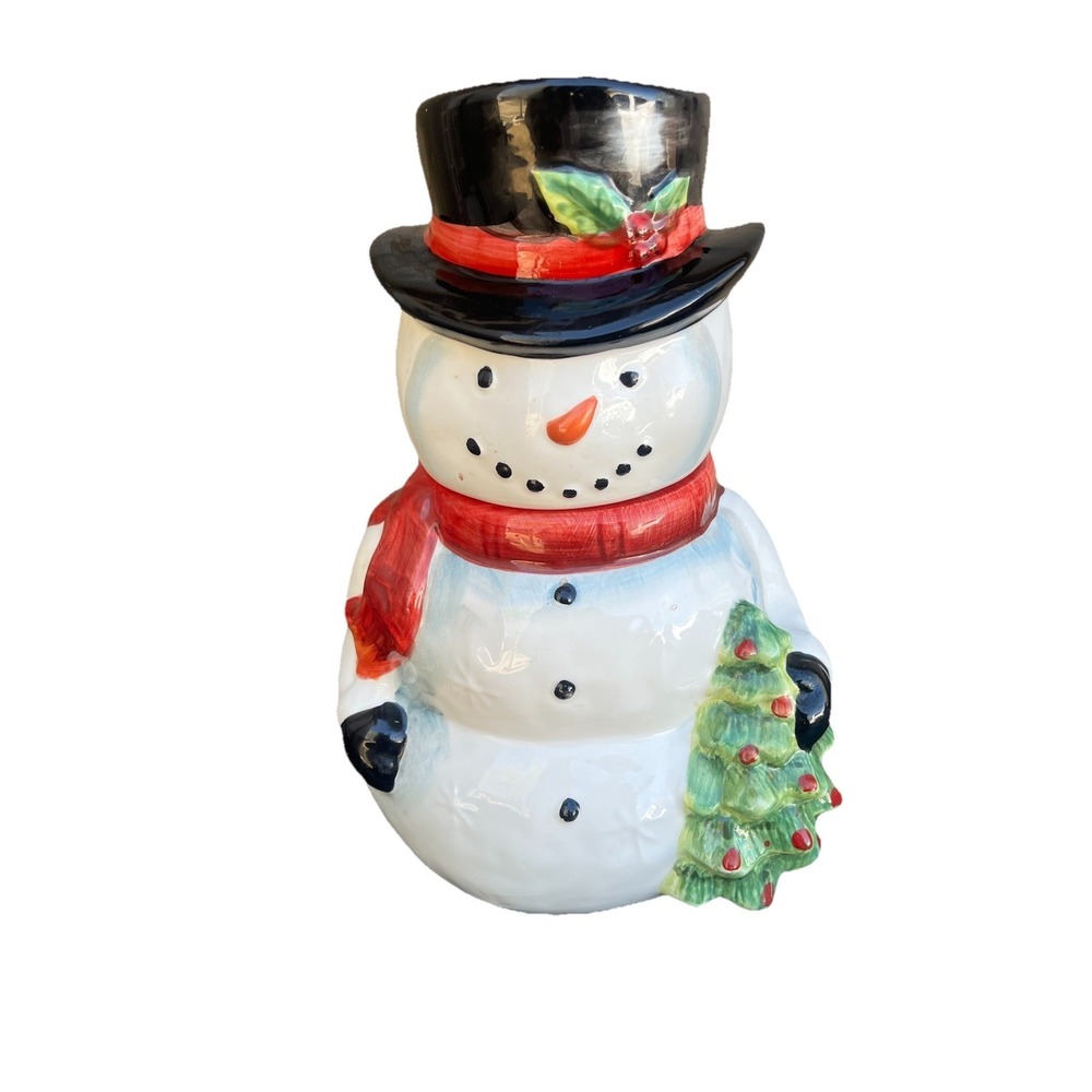 Vintage Top Hat Snowman Ceramic Cookie Jar Maxcera Corp Red Scarf Tree 11.5"
